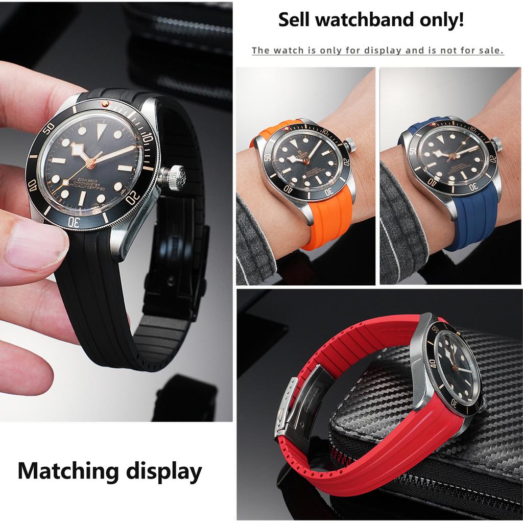 20 мм Мягкий фторкаучуковый ремешок для часов Tudor Black Bay 39 мм Циферблат Изогнутый конец ремешка Черный/синий браслет Мужской складной ремешок