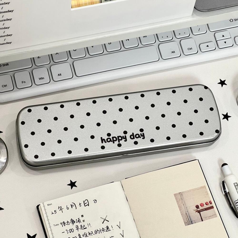 Sturdy Slim Stationery Organizer Polka Dot Flip Top Stationery Box Metal Pencil Case Students