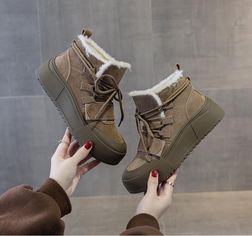Зимние ботинки из натуральной кожи с высоким верхом на толстой подошве, с меховой и травяной подкладкой, с шерстяным хлопковым утеплителем, женская хлопковая обувь