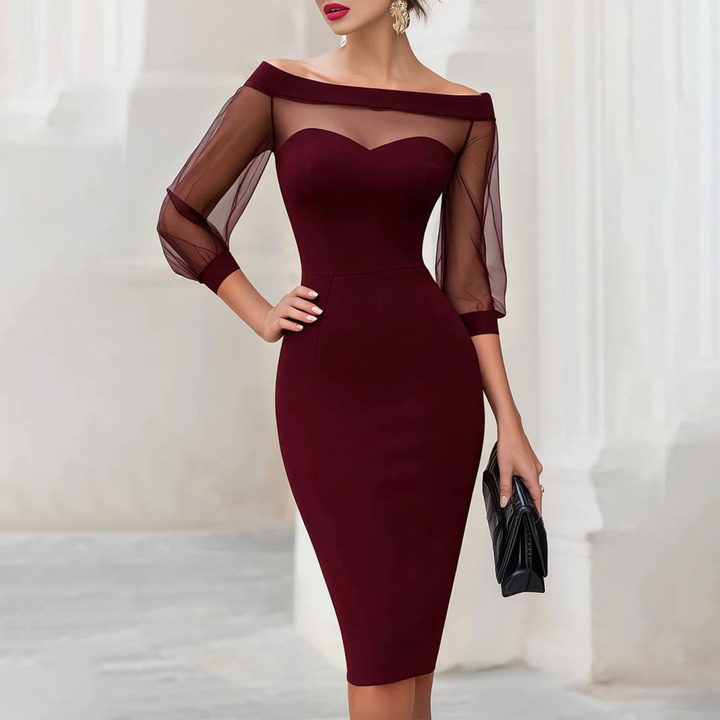 Женское bodycon платье-сетка с открытыми плечами, пэчворк, элегантное, облегающее, midi, с прозрачными рукавами, для летних вечеринок
