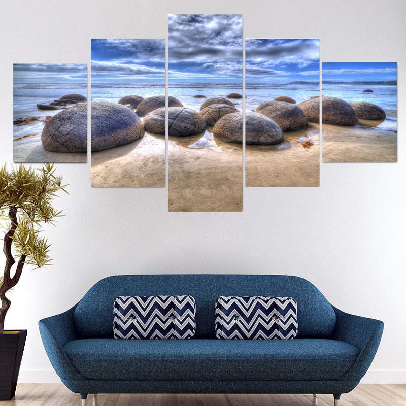 5 панелей Морской пейзаж Морской большой круглый камень Красочное небо Холст Картина Плакаты и принты Настенная картина Домашний декор без рамки