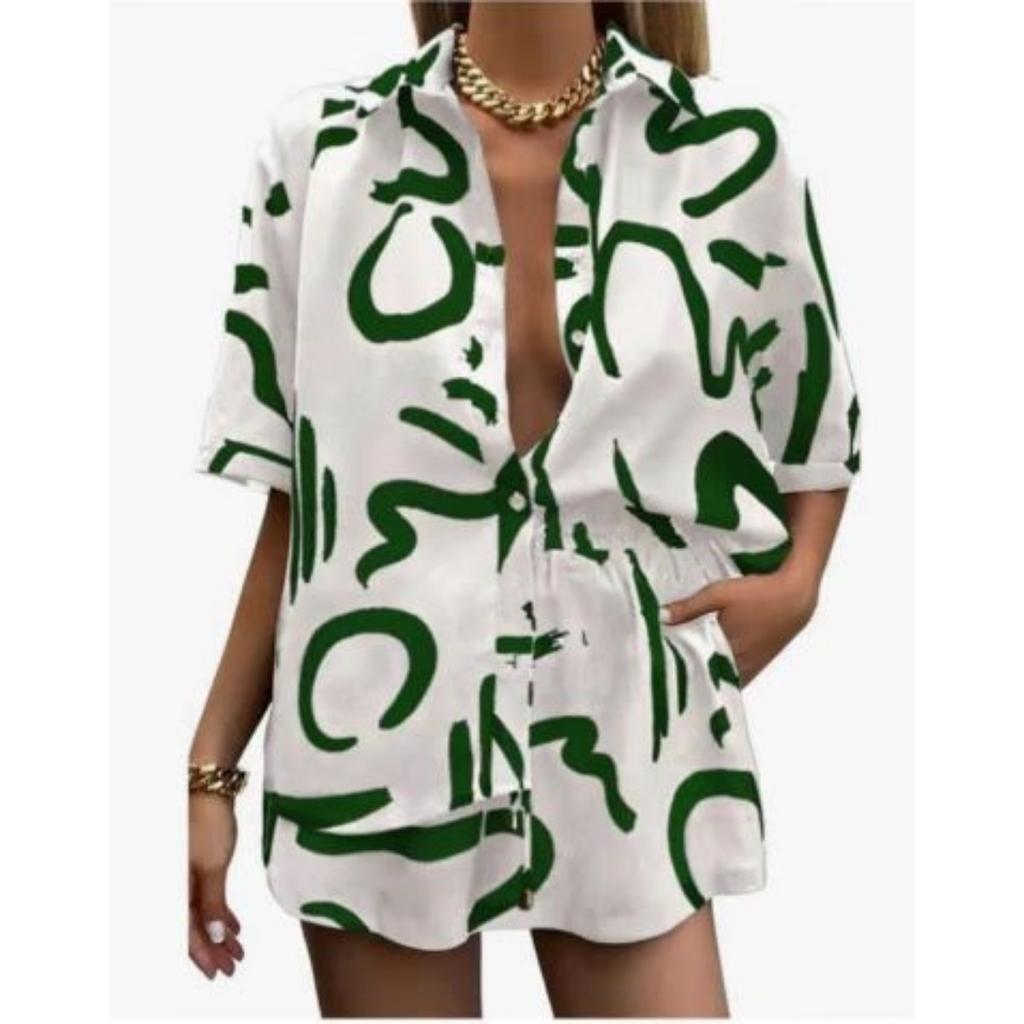 Summer Women Fashion Printed 2-Piece Set, Casual Loose Shirt + Shorts Outfit, European American Style