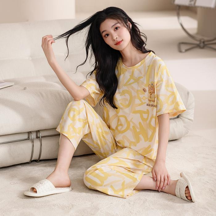 2025 Spring Summer Cotton Pajamas Set for Women Cute Cartoon Print Short Sleeve Tops and Pants Sleepwear Female Casual Loose Pink Pyjamas Homewear