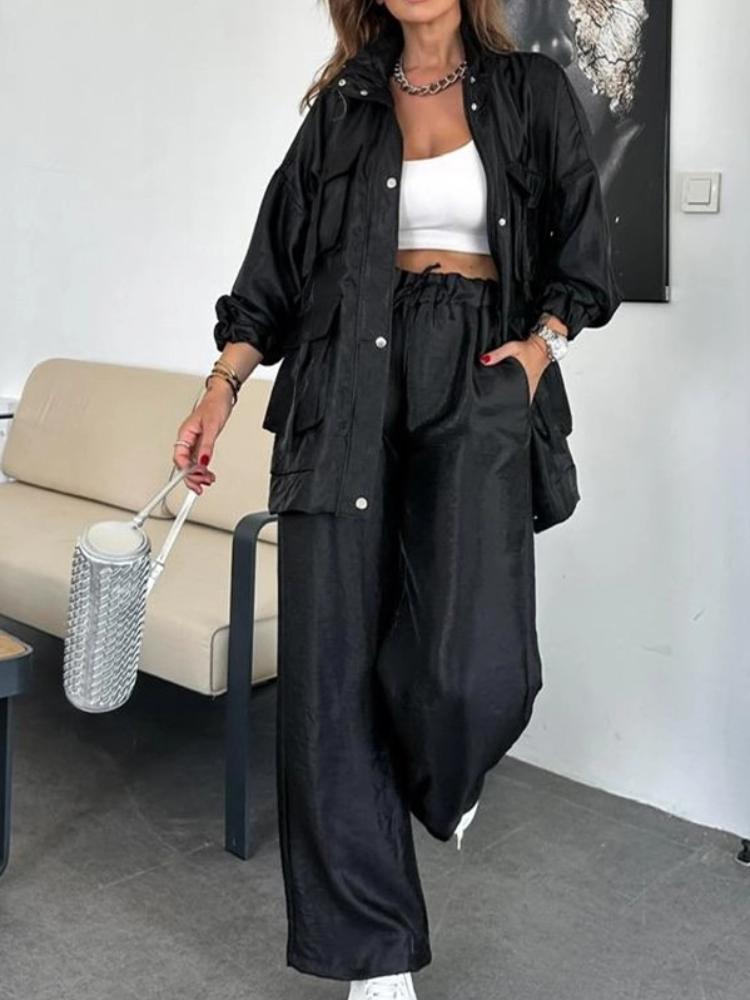 Женский костюм светло-серого цвета с брюками палаццо, курткой со стойкой, белым кроп-топом, повседневная офисная одежда