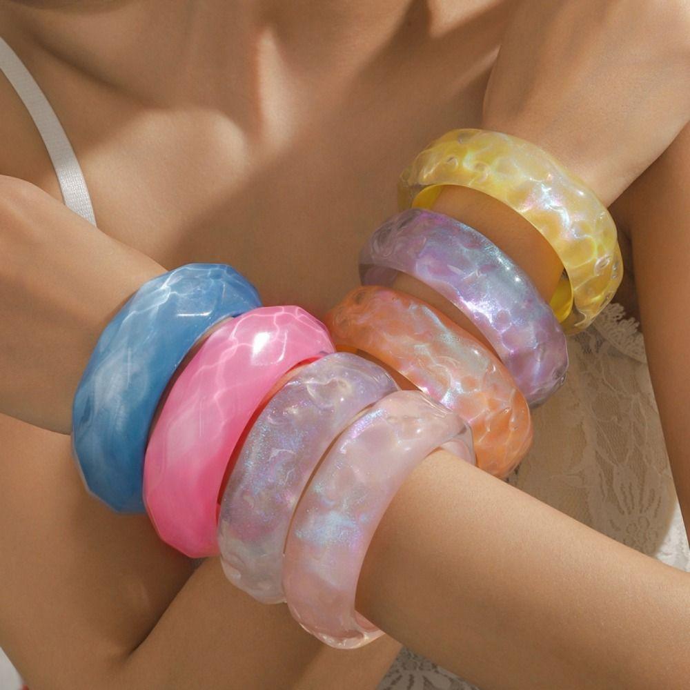 Wave Jelly Color Wide Bracelet Bohemian Retro  Hand Ring Exaggerated Glitter Acrylic Bangle  Girls