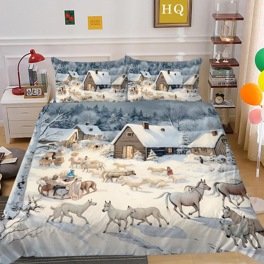 Рождественская карета, снежная сцена, 3D-принт, полиэстеровая наволочка, пододеяльник, набор из двух или трех предметов, можно
