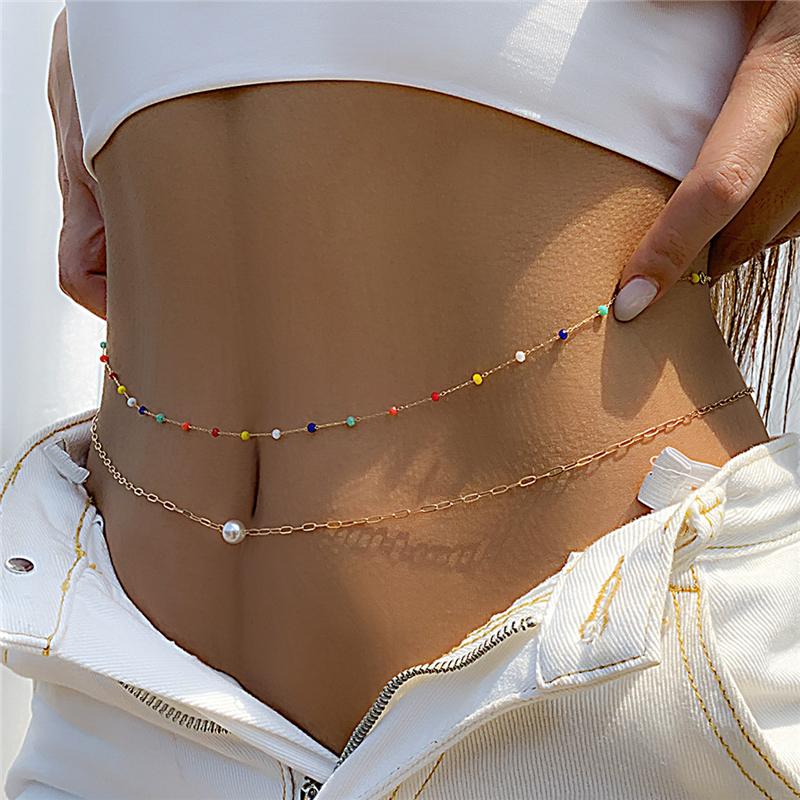 Bohemian Colorful Crystal Sexy Double Layered Fashion Body Chain European and American Fine Chain Pearl Spicy Girl Waist Chain