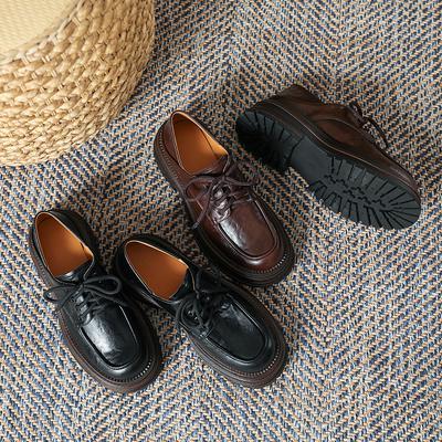 Ретро британский стиль шнуровка маленькие кожаные туфли женские 2025 весна новые круглый носок одинарные туфли изысканные девушки толстый каблук лоферы