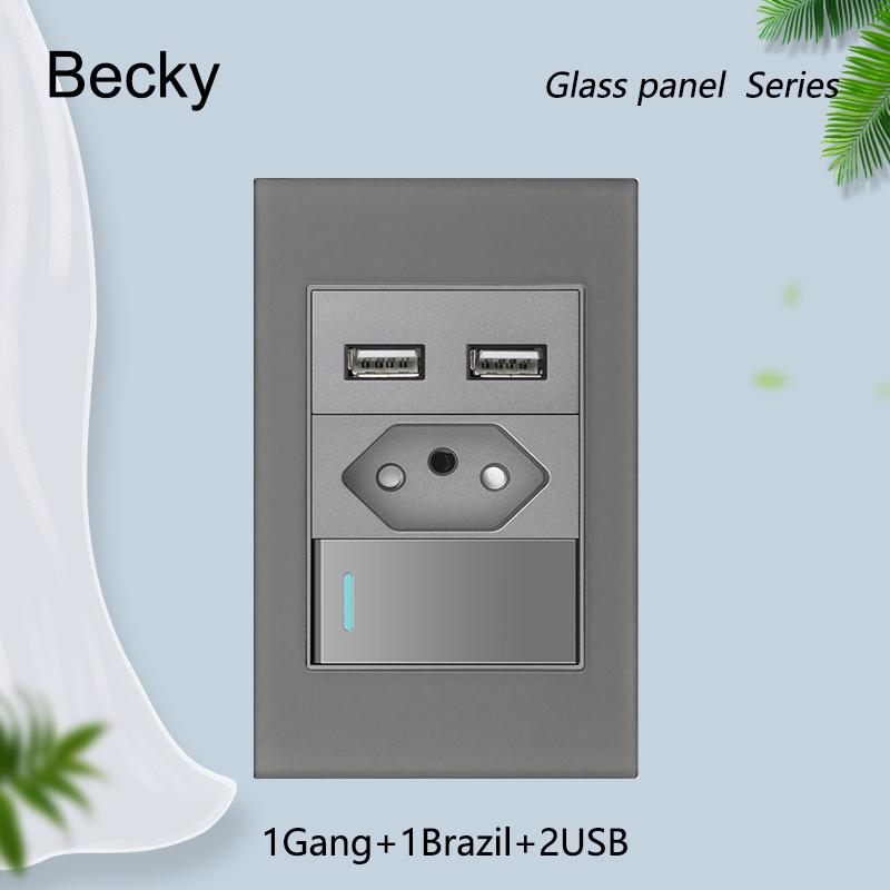 Glass Panel Brazil Registered Jack Dual Usb C- Type Light Switch Office Wall Power Socket 118 * 72mm Grey Fiberglass 20a 10a