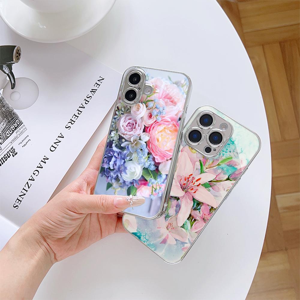 N164 Flower Peony Vase Phone Case for iPhone 16 15 Pro Max Samsung S24 S23 Ultra A54 A35 A25 Xiaomi Redmi Note 13 12 Plated Frame Tempered Glass Cover