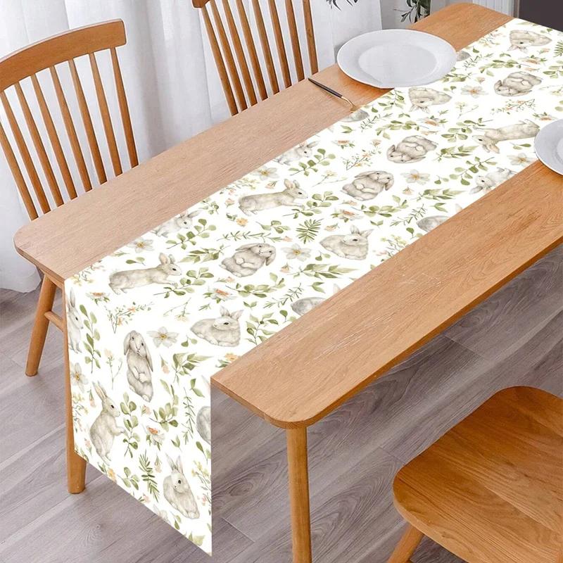 Vintage Easter Bunny Table Runner Polyester Rabbit Eggs Flower Table Flag Easter Decorations For Home Kitchen Dining Table Decor