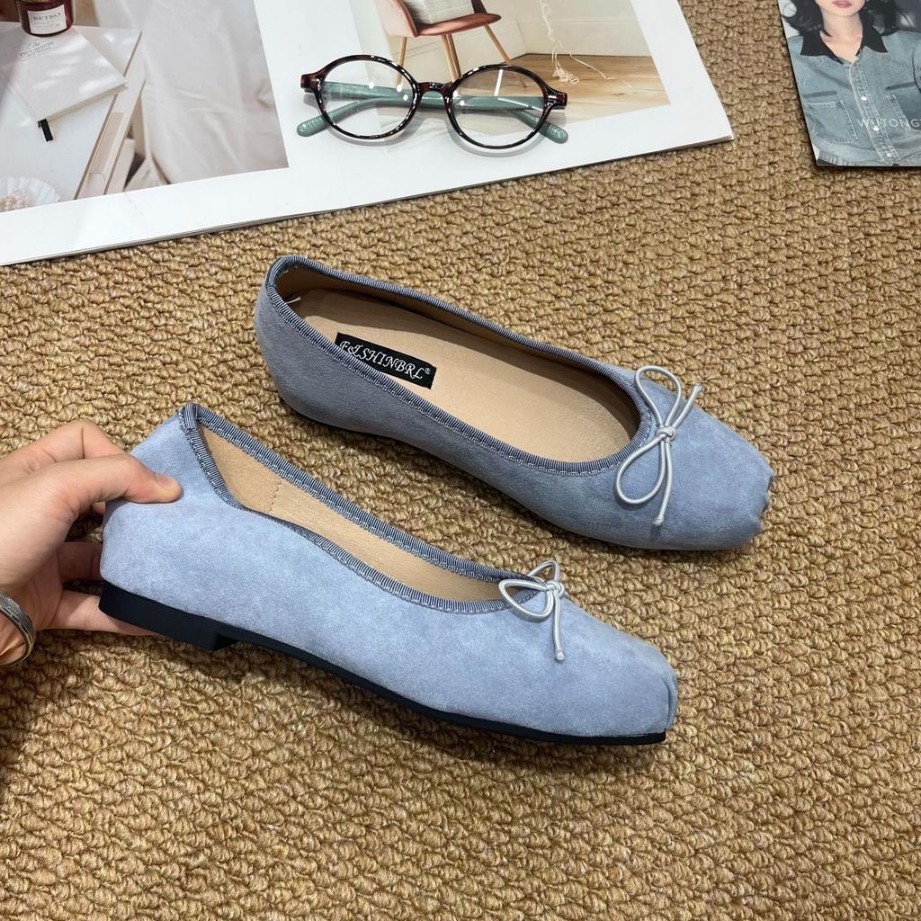 French Inner Heightening Suede Ballet Single Shoes Women's Shoes 2025 New Spring and Autumn Bow Red Evening Shoes