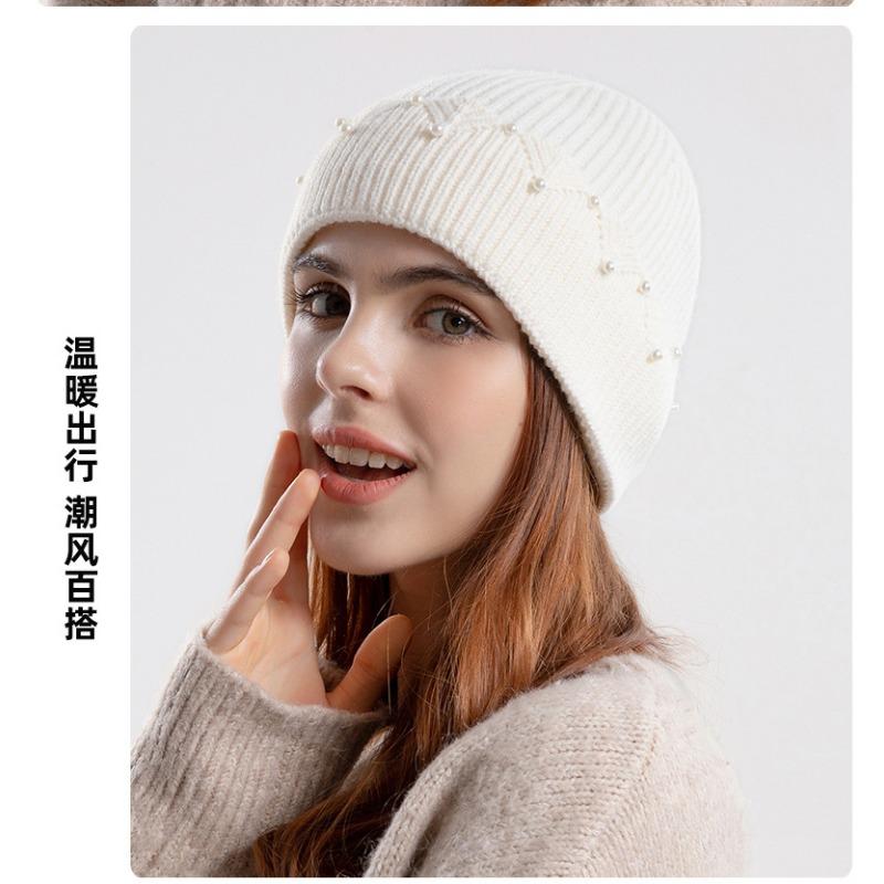 Women S Fashion Pearl Knit Hat Winter Warm Ear Protection Cap