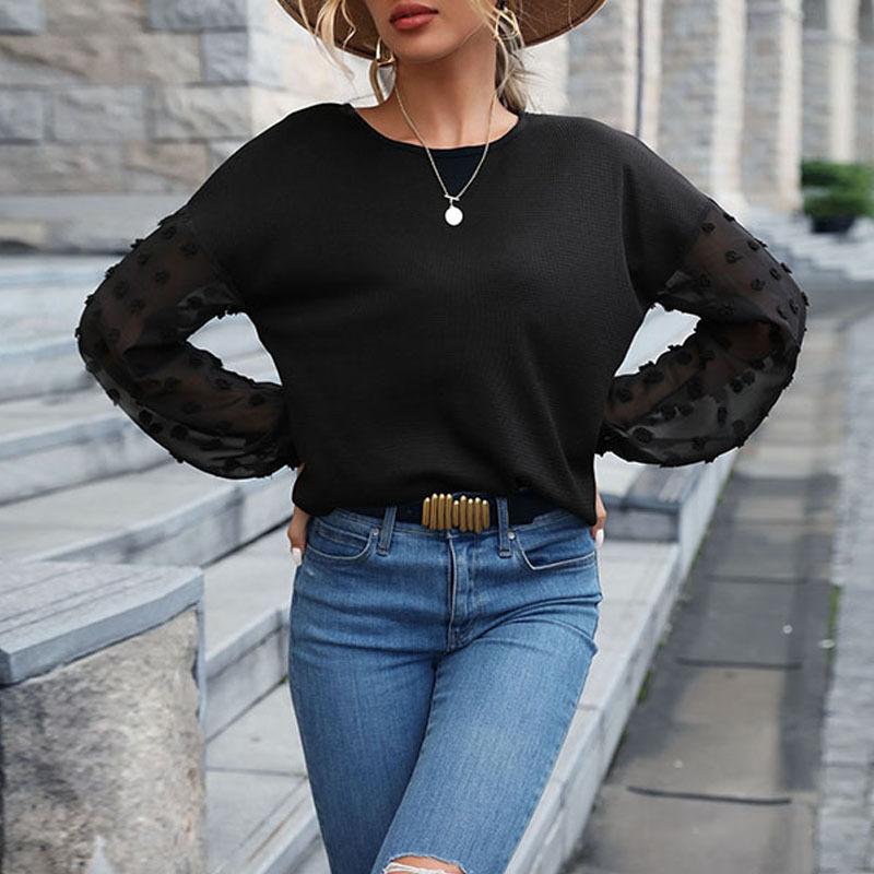 Модные повседневные топы, рубашки, одежда, модный и повседневный темперамент, осенне-зимние однотонные топы для женщин, черный кружевной вязаный свитер