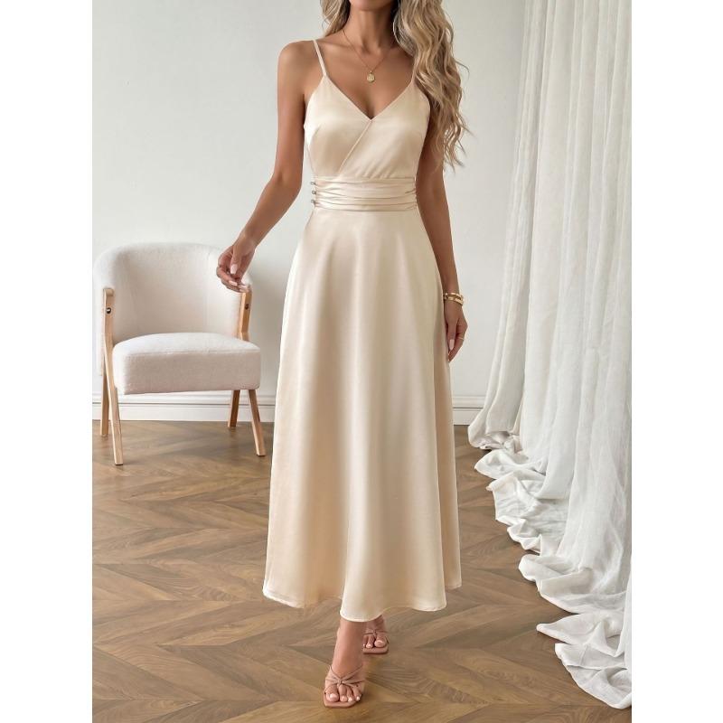 Women Satin Spaghetti Strap High Waist Solid Color Elegant Long A Line Dress