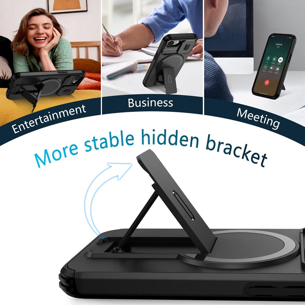 KEYSION Противоударный бронированный магнитный чехол для iPhone 16e Силикон+ПК Сдвижная защита камеры Подставка Беспроводная зарядка Чехол для телефона