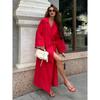 Летнее Новое Женское Стильное Красное Льняное Платье Макси с Запахом Лацкан Рукав Кимоно Пояс Длинный Халат Элегантное Шикарное Платье
