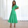 Women Spring Solid Color Short Puff Sleeve Dress Summer Casual V-Neck High Waist Ankle-Length Dresses S-XL