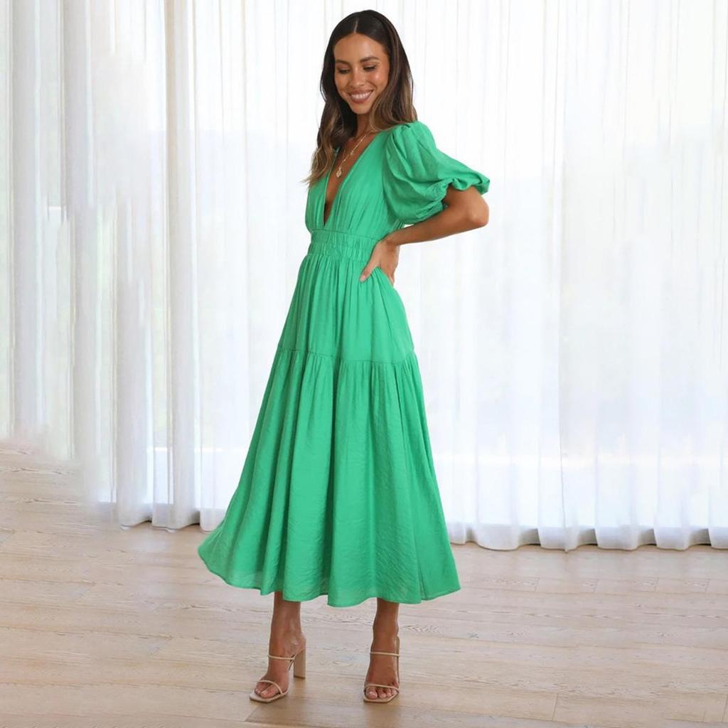 Women Spring Solid Color Short Puff Sleeve Dress Summer Casual V-Neck High Waist Ankle-Length Dresses S-XL