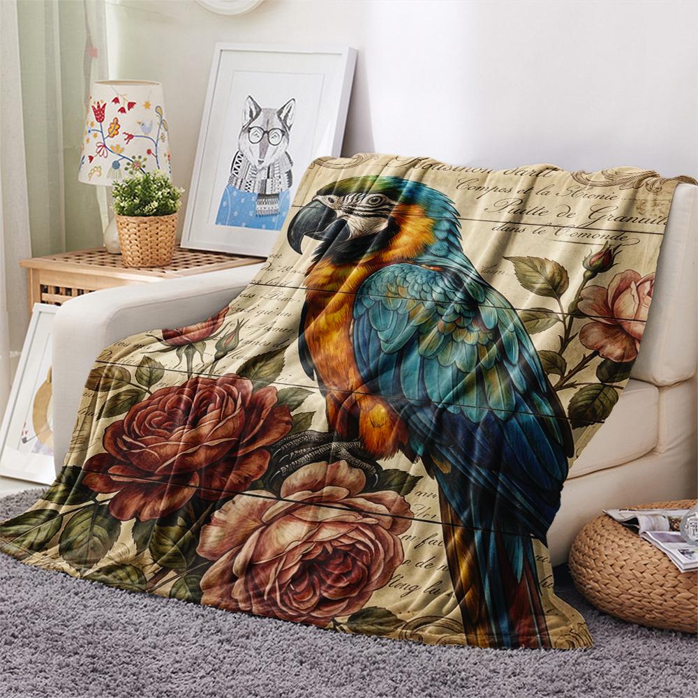 1PC Retro Parrot Peacock Print Flannel Blanket, High quality All Seasons, Home Decor, Warmth and Comfort, Perfect for Christmas Gifts