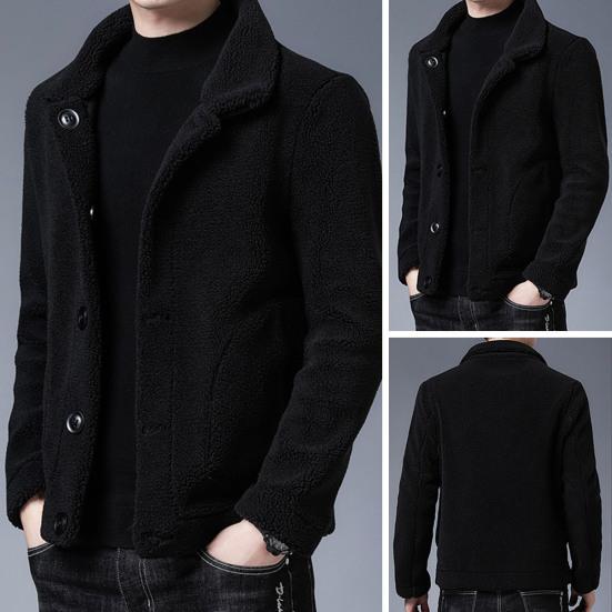 Men Jacket Lapel Long Sleeve Single Breasted Coat with Pockets Solid Color Reversible Design Polar Fleece Faux Leather Outwear