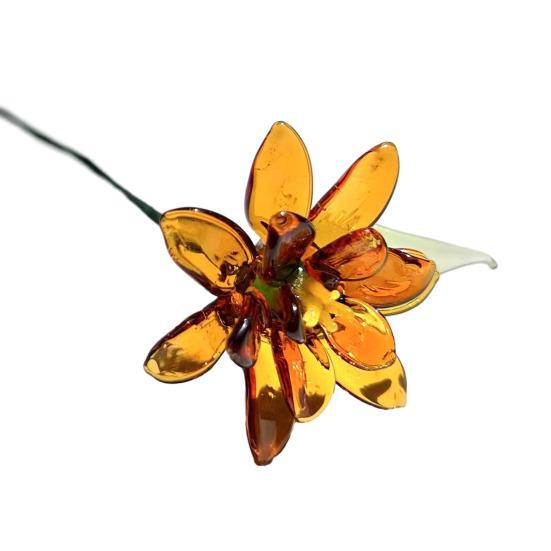 Handcrafted Glass Flower with Wire Stem Hand-Blown Colored Glaze Mini Floral Figurine Decoration Home Living Room Office Table Flower Vase Ornament