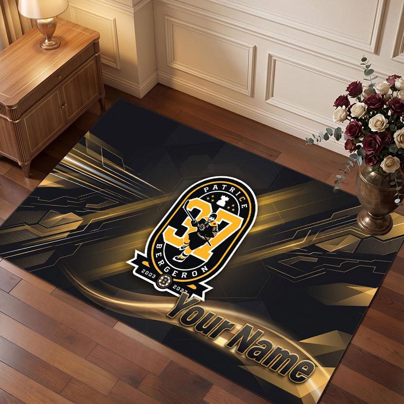 Boston Bruins Personalized Crystal Velvet Carpet, Customized Name Text Soft Anti‑Slip Rug for Living Room Bedroom