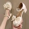 Korean Version Bowknot Women Sandals Thick Heel 2024 New Casual Simple All-match Pearl Mary Jane Small Leather Shoes Autumntime