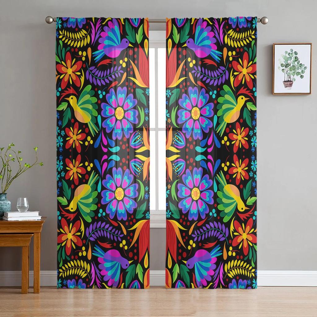 Красочные Мексиканские тюлевые оконные шторы с абстрактным цветком для спальни, гостиной, вуали, декоративные прозрачные шторы, шторы
