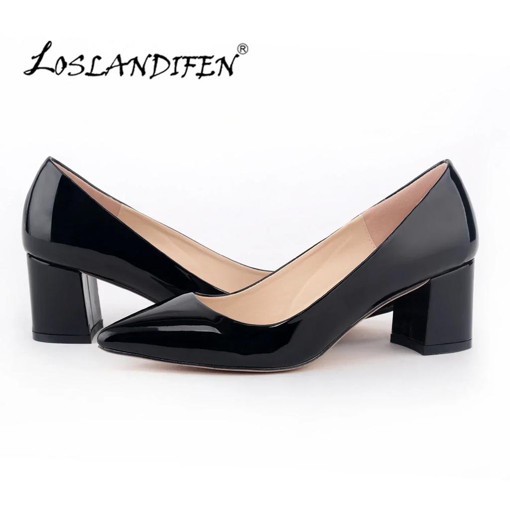Женские туфли-лодочки Повседневные Остроносые На высоком каблуке Квадратные Женские Офисные Черная кожа Низкий Толстый каблук Светская вечеринка Платье Свадебная обувь