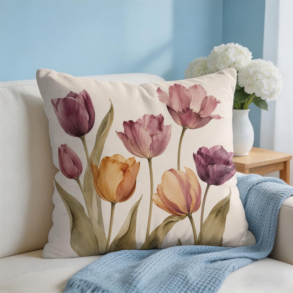 Cushion Cover Tulip Flower Short Plush Soft DoubleSided Printing Pillow Case Cozy Sofa Bedroom Home Decor Gift