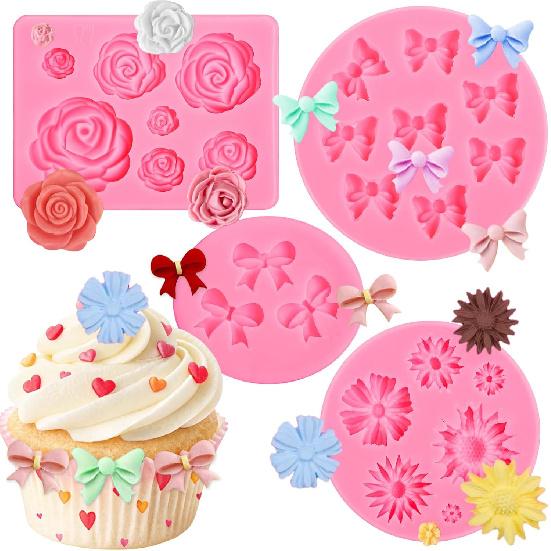 Pimoys 4 Pcs Flower&Bow Molds for Chocolate, Bow Chocolate Molds Silicone Cake Pop Mold Valentine's Day Candy Mold Silicone for Wax Melts Birthday