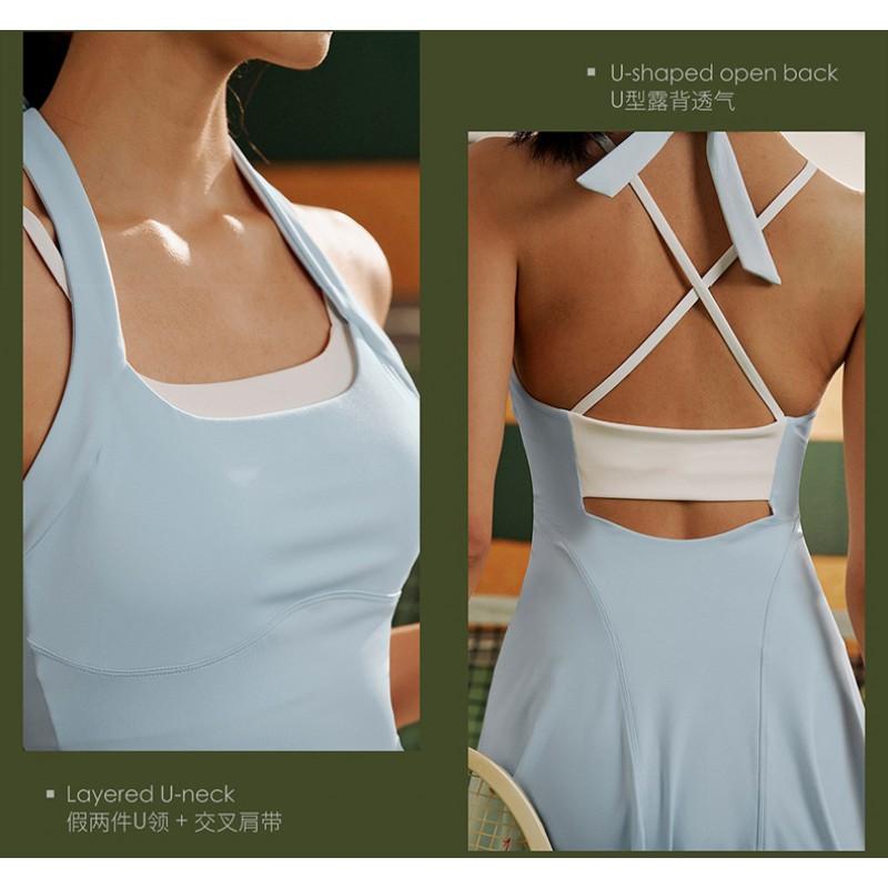 Womens Sporty Halter Neck Tennis Dress With Built-in Bra Pad Colorblock Bow Detail Activewear Running Yoga