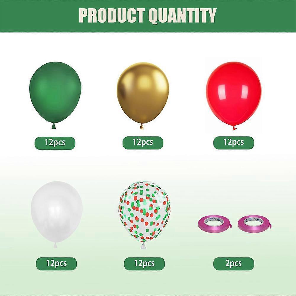 60 Party Balloons 12 Inch Red, Green, White and Clear Balloons with Ribbon for Decoration or Christmas Theme Party etc