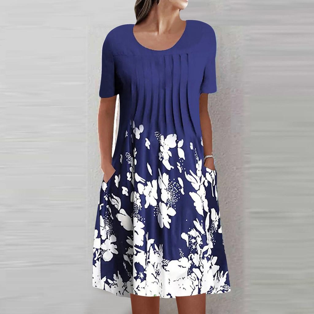 Женское летнее повседневное модное свободное платье с круглым вырезом и коротким рукавом с принтом