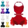 Girls Performance Leotard Halter Sleeveless Cutout Back with Feather Skirt Latin Dancewear