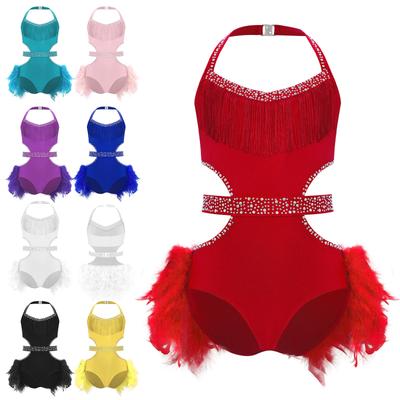 Блестящие стразы Детский танцевальный купальник с халтером и юбкой из перьев Костюм для латиноамериканских выступлений