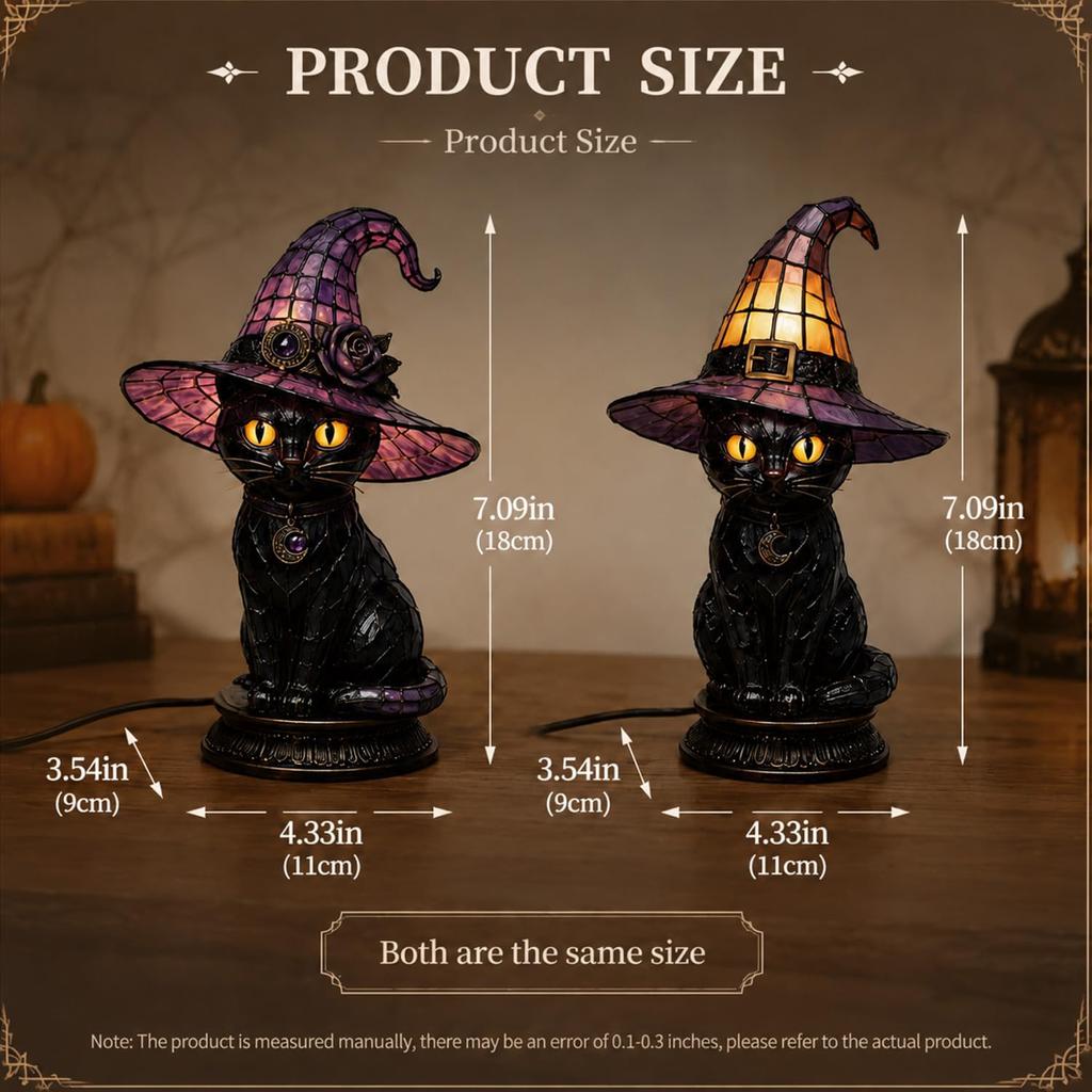 Handcrafted Stained Glass Style Gothic Wizard Accent Witch Hat Lamp Vintage Halloween Table Decor Night Light for Bedroom Bookshelf Room Aesthetics