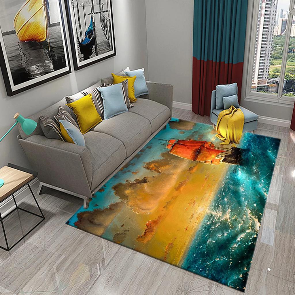 3D Oil Painting Sailboat Carpet Abstract Art Rugs for Living Room Bedroom Decor Mats Bathroom Kitchen Entrance Non-Slip Carpet