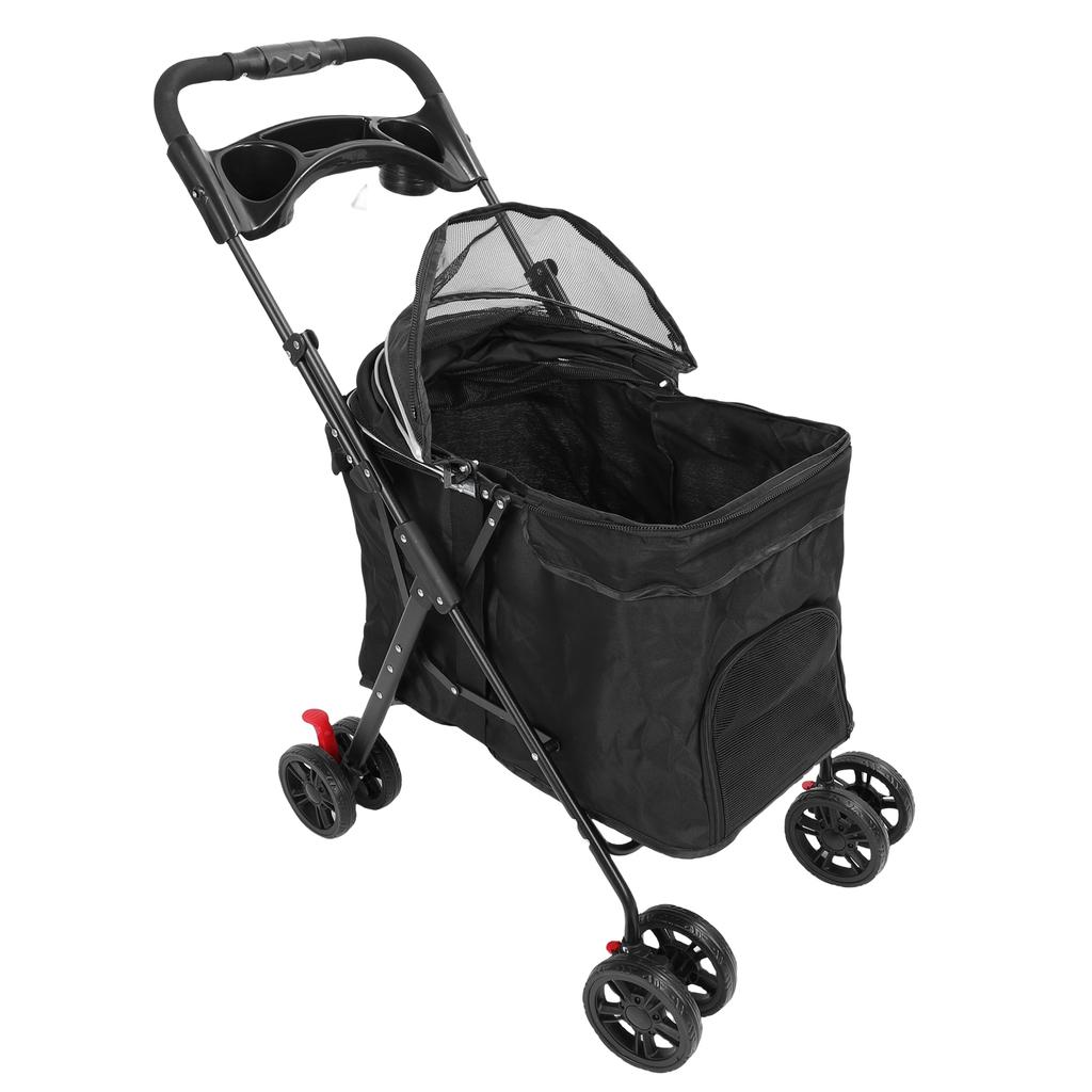 Foldable Pet Stroller Breathable Mesh with 2 Way Zipper Canopy Detachable Food Tray Cup Holder Travel Cat Dog Stroller