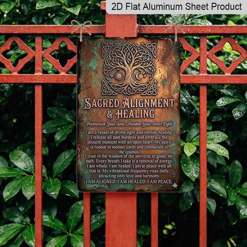 2D Flat, Vintage 7.87*11.8 Square Aluminum Wall Plaque Sacred Tree Totem with Healing Text, Ideal for Home and Office Decoration, Living Room, Cafe