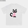 ZAZOMDE Vintage Funny Black Pink Cat Illustration Tee Y2K Hip Hop Crew Neck Short Sleeve Loose Cotton Couple Matching T Shirts