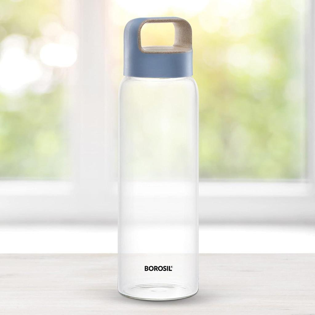 Crysto Borosilicate Glass Water Bottle, Lid, Wide Mouth for Fridge and Office (Blue, 750 ml)