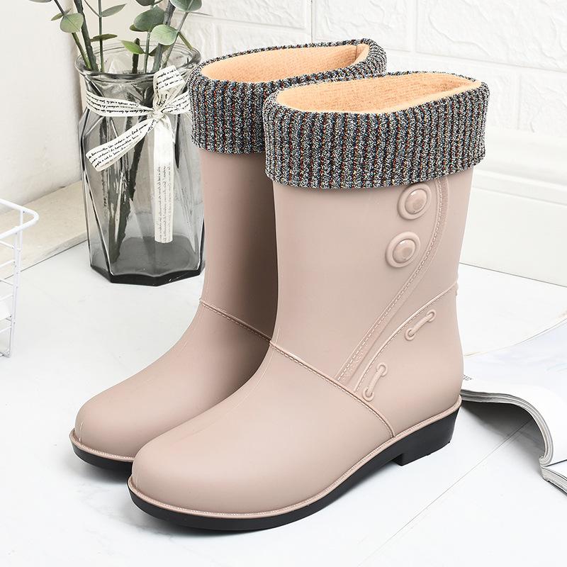 Fashion 2024Fashion Plush Rain Shoes for Women Warm High Tube Rainboots Winter Solid Color Low-heel Non-slip PVC Rubber Shoes