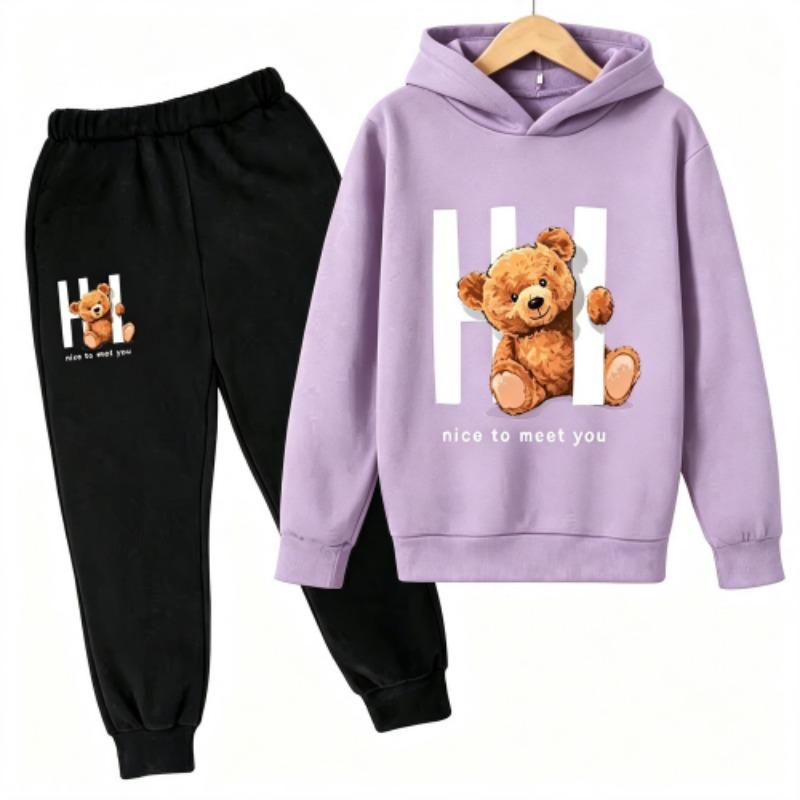 Spring Autumn Fashion Kawaii Anime Cartoon Teddy Bear Print Kids Pullovers Pants 2-piece Set Street Casual Fashion Hoodies Vintage Boy's Girl Clothes