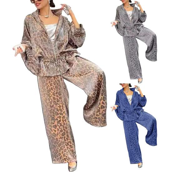 Комплект из 2 предметов: женская рубашка и брюки, леопардовый принт, застежка-молния, длинный рукав, плиссированный топ, свободные широкие брюки, рабочая одежда для поездок на работу