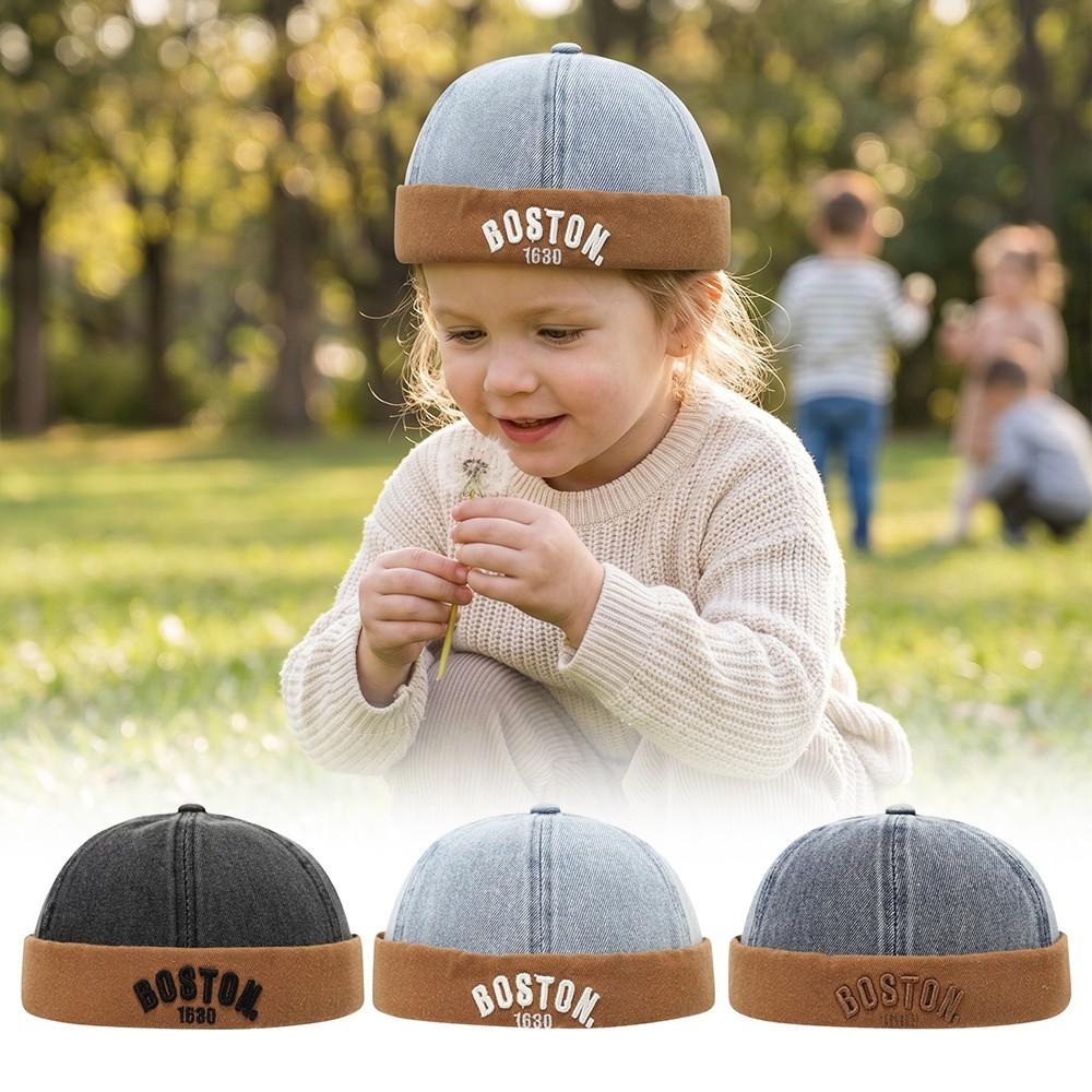 Letter Embroidered Baby Brimless Hat Cotton Denim Sun Protection Landlord Cap Breathable Adjustable Bucket Hat Summer