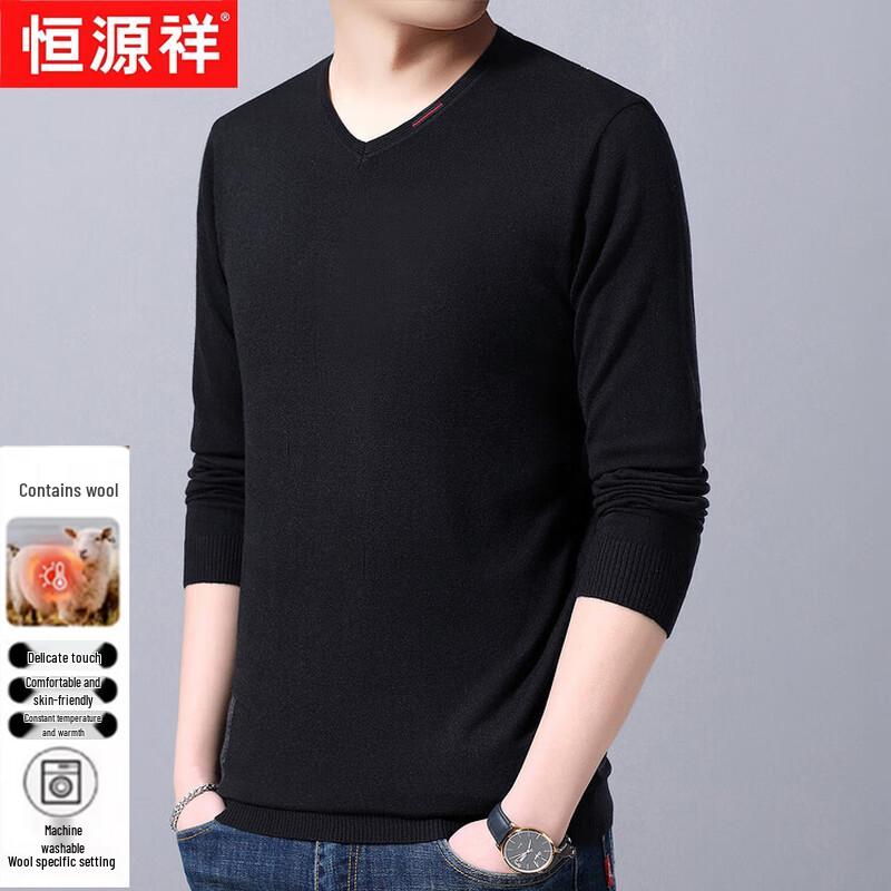 Hengyuanxiang Men's V-Neck Solid Color Wool Blend Long Sleeve Sweater