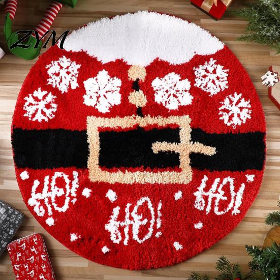 Washable Round Carpet Christmas Rug, 39" Imitation Cashmere Santa Snowflake Pattern, Rug Holiday Area for Home Living Room Bedroom Decor Non Slip