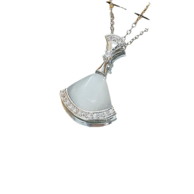Diamond-inlaid Cat's Eye Stone Skirt Necklace for Women Light Luxury Fan-shaped Versatile Collarbone Chain